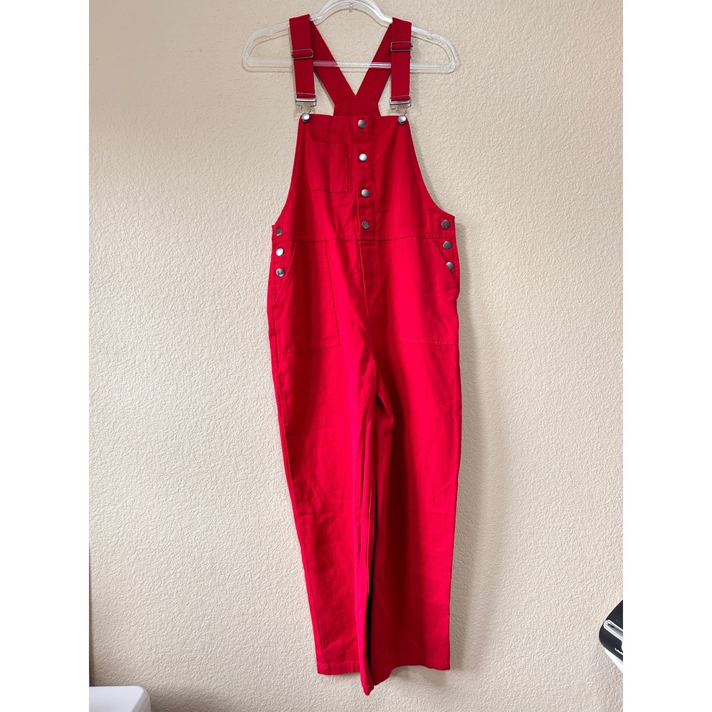 Forever 21 Medium Red Denim Bib Overalls Retro Straight Leg Utility Dungarees
